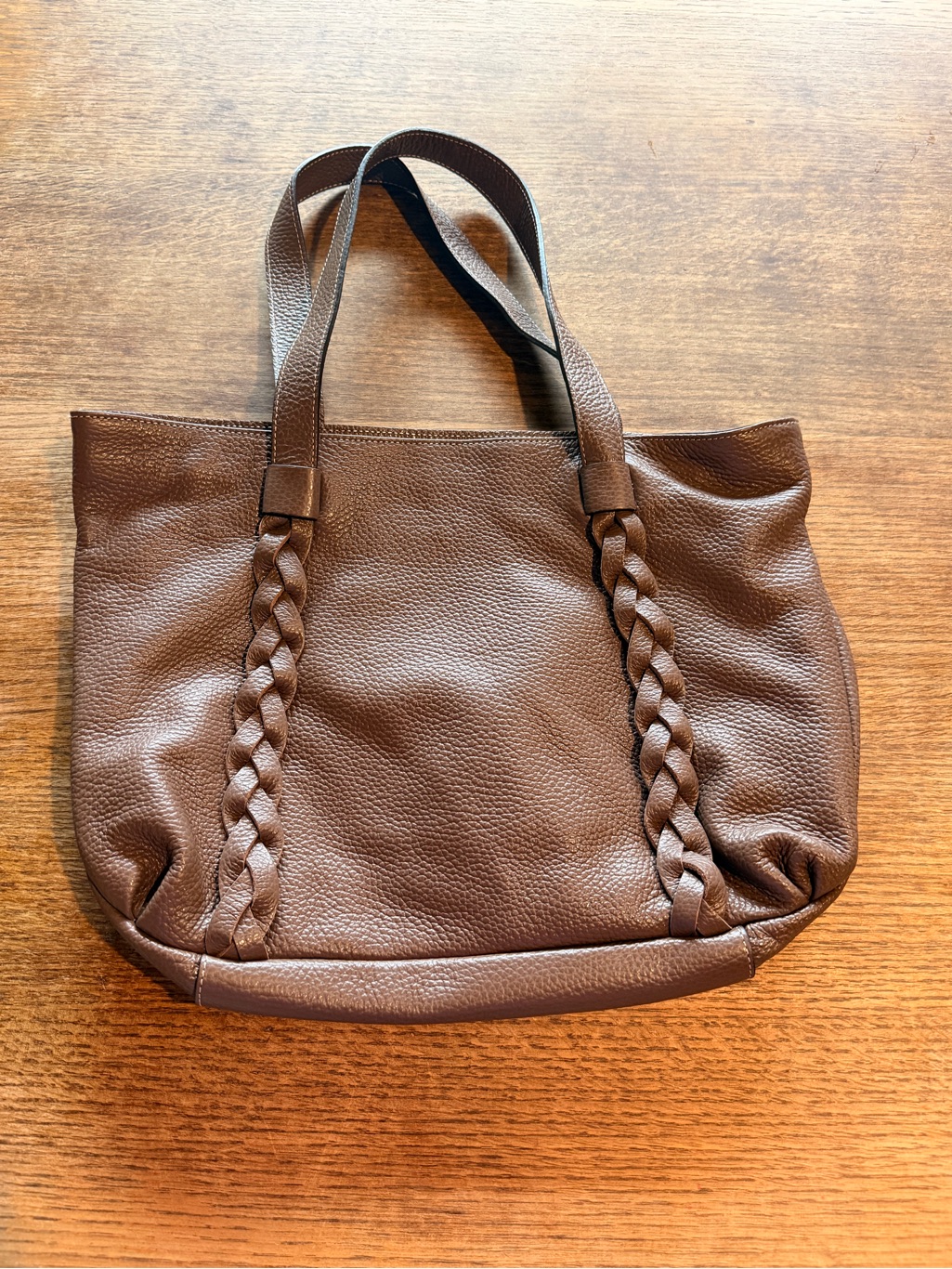 Braided-Handle Brown Leather Tote Bag